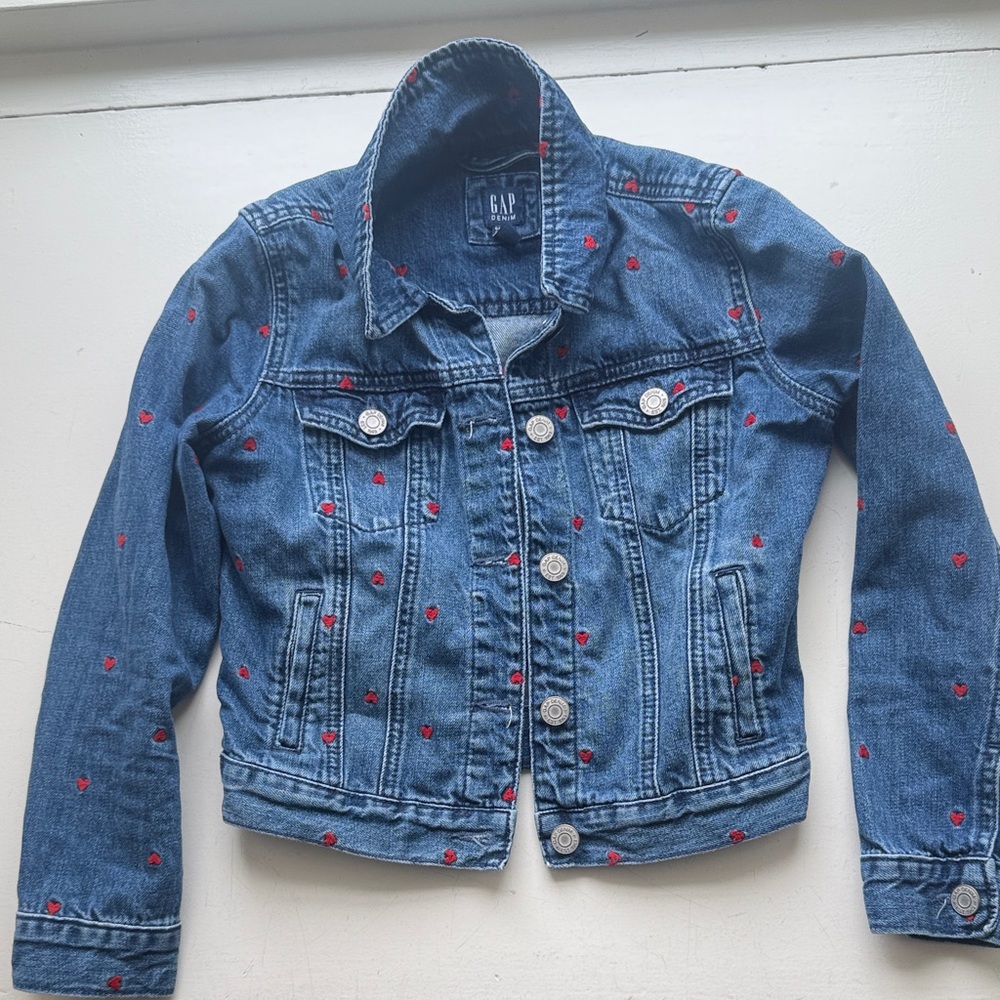 GAP Girls Blue Denim Jacket with Red Hearts
